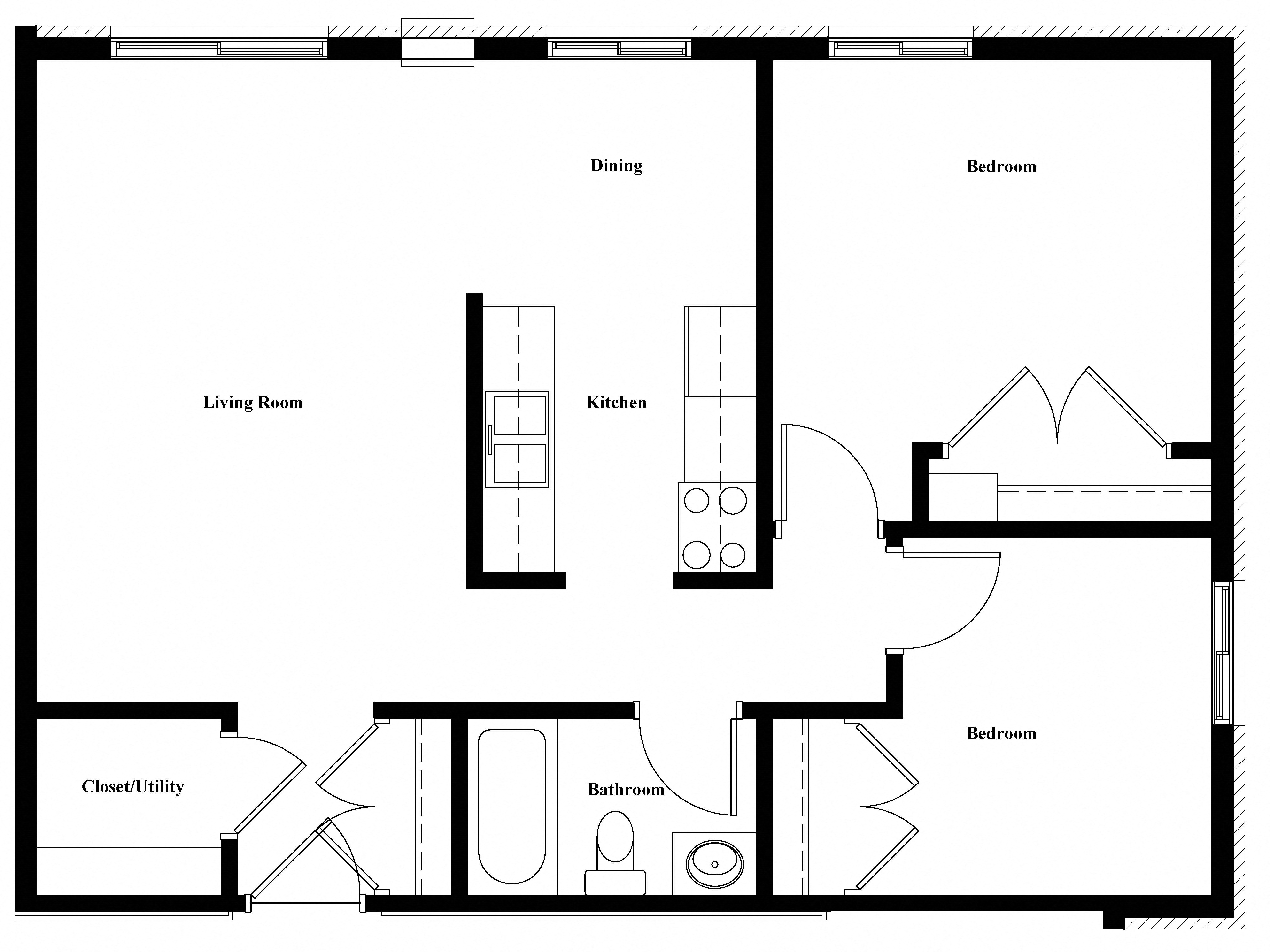 Floor plan for 2 beds, 1 bath